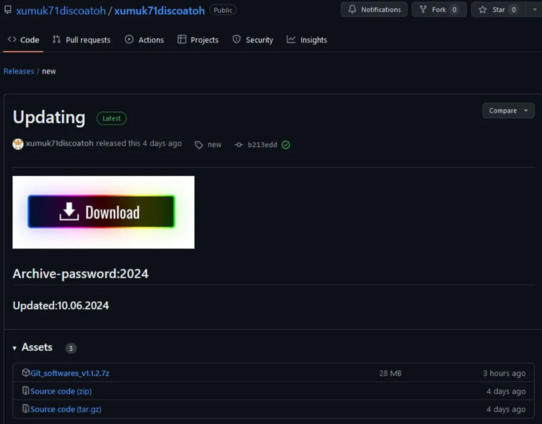 [ImageSource: Check Point]

GitHub repository pushing password-protected archive containing malware.

Check Point Research discovered the operation, which says it is the first time that such an organized and large-scale scheme has been documented running on GitHub.
