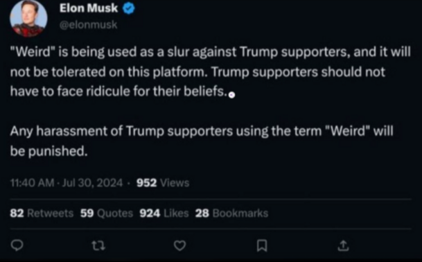 elon tweet saying people will be punished for calling trump supporters weird on X.
