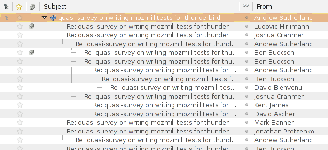 Screenshot der Nachrichtenansicht in Thunderbird: Spalten für Betreff und Absender und Linien, die anzeigen, wie die Nachtrichten im Thread zueinander gehören