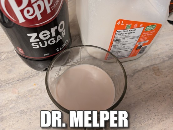 an image of a 2 liter of dr pepper zero and a 4 liter of whole milk. below it in a glass mug are both mixed. the image bottom text is 