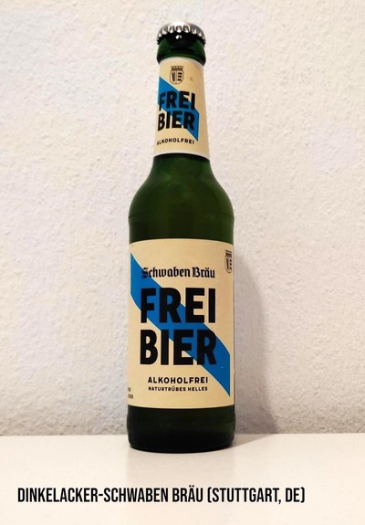 A 330 ml bottle of Schwaben Bräu Freibier, a non-alcoholic beer by Dinkelacker-Schwaben Bräu from Stuttgart, Germany.