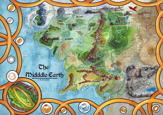 Watercolor map of Tolkien's Middle Earth