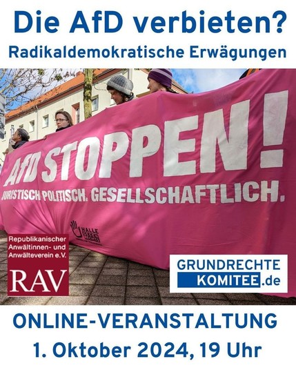 18.4.2024 | Justizzentrum, Prozess gegen Thüringens AfD-Landeschef Björn Höcke: 1. Verhandlungstag am Landgericht Halle; Proteste vor dem Gericht, auf einem Banner wird ein Verbot gefordert: 