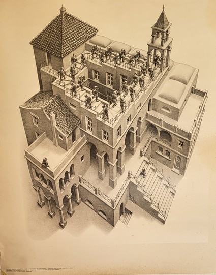 Zeichnung von M.C. Escher.
Mönche gehen auf einer Treppe im Kreis, welche kein Ende hat und immer wieder in sich selbst zurückgeht.