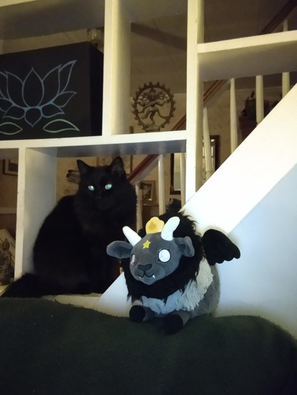 A black cat and a plush grey and black goat. The cat is sitting on a white bookcase/shelf next to a staircase, and on the other shelves are a statue of Shiva, a Buddha, and a painting of a Blue Lotus done in outline. The plush goat has white horns, fangs, and wide round eyes, and has a black mane and wings, and a yellow star between their eyes and a yellow and orange flame on their head. The goat plush is standing on a coach covered in green cloth.