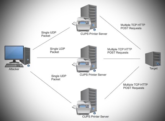 [ImageSource: Akamai]

The reported vulnerabilities may be exploited to turn vulnerable systems into “amplifiers” by sending a specially crafted UDP packet to a vulnerable instance of CUPS.

Instead of instructing CUPS to add a malicious printer, the packet instructs it to send an IPP/HTTP request to the target and port specified by the attacker.