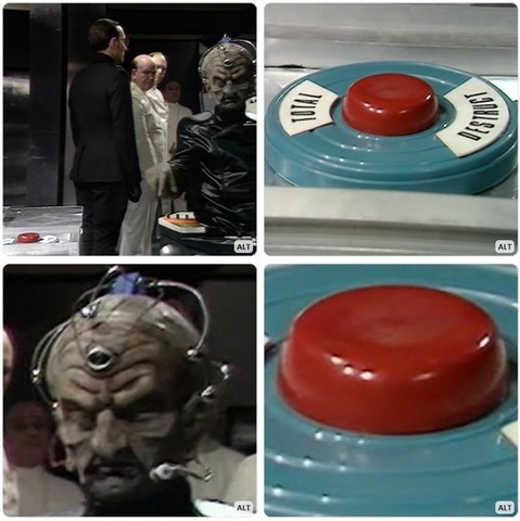 4 images: Davros looking at the Total Destruction button. Close up on button. Close up on Davros. Extreme close up on button.