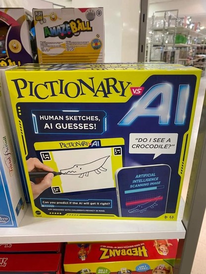 A Pictionary  if a Pictionary AI game. On the yellow box, a boardgame drawing tablet is depicted with an crude drawing of a crocodile and an smartphone on which an AI app asks if it sees a crocodile 