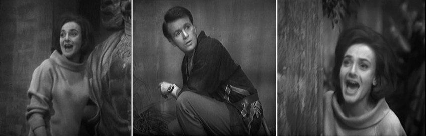 3 panels from Dr Who The Keys Of Marinus. 1: Barbara calling to someone off screen. 2: Ian crouching by a wall, looking round shocked. 3. Barbara shouting again.