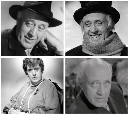 4 panels: Alastair Sim in Green For Danger, Scrooge, The Belles Of St Trinian's, and An Inspector Calls.