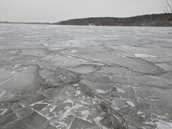 Foto vom Eis auf der Havel. Die Oberfläche besteht aus zahlreichen Eisschollen, die aneinander gedrückt und gefroren sind. Am unteren Bildrand sind kleinere Stücke mit spitzeren Ecken und schärferen Kanten zusammengefroren.