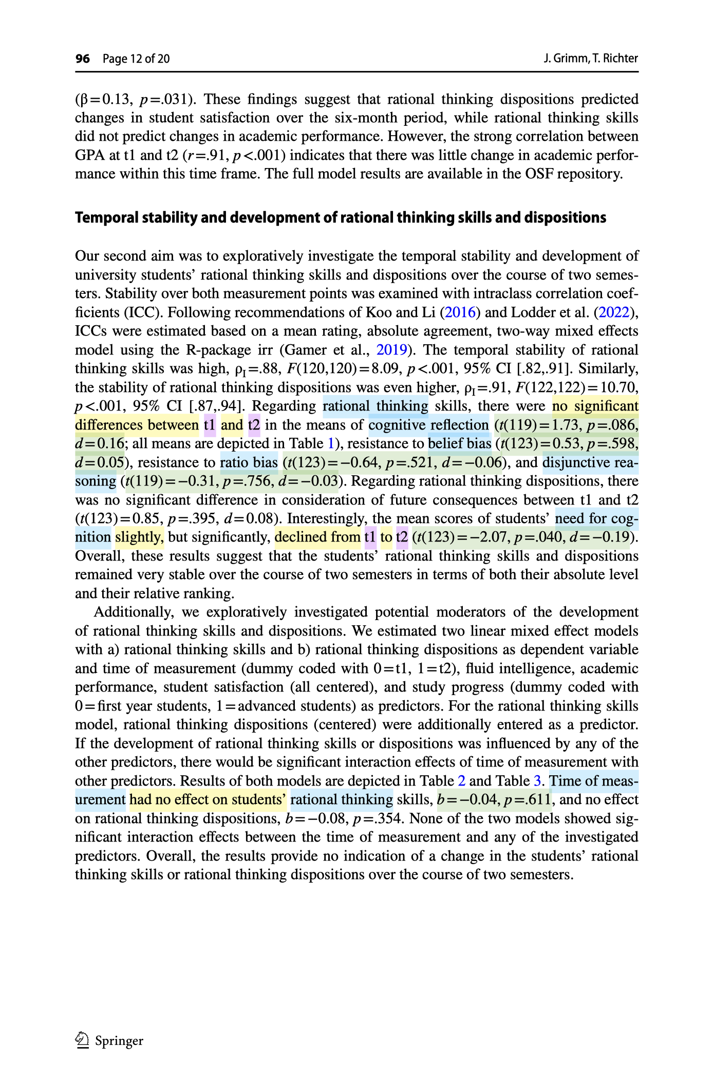 "Regarding rational thinking skills, there were no significant differences between t1 and t2 in the means of cognitive reflection (t(119) = 1.73, p =.086, d = 0.16; all means are depicted in Table 1), resistance to belief bias (t(123) = 0.53, p =.598, d = 0.05), resistance to ratio bias (t(123) = −0.64, p =.521, d = −0.06), and disjunctive reasoning (t(119) = −0.31, p =.756, d = −0.03). Regarding rational thinking dispositions, there was no significant difference in consideration of future consequences between t1 and t2 (t(123) = 0.85, p =.395, d = 0.08). Interestingly, the mean scores of students’ need for cognition slightly, but significantly, declined from t1 to t2 (t(123) = −2.07, p =.040, d = −0.19). Overall, these results suggest that the students’ rational thinking skills and dispositions remained very stable over the course of two semesters in terms of both their absolute level and their relative ranking."